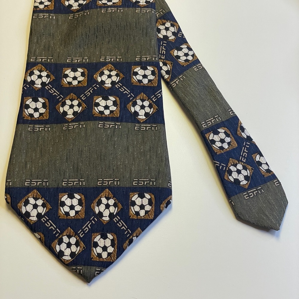ESPN Soccer Necktie Mens Green Blue Silk Sporty Preppy Office Casual 57 x 4" USA